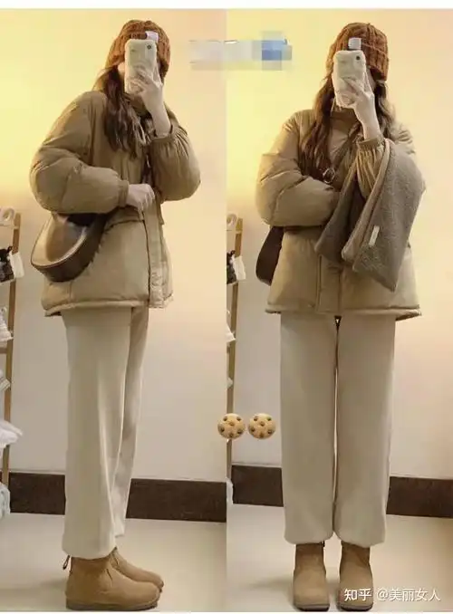 雪地靴穿搭:卡其色羽绒服很厚实的,上身超级暖和,下半身搭配的裤子是