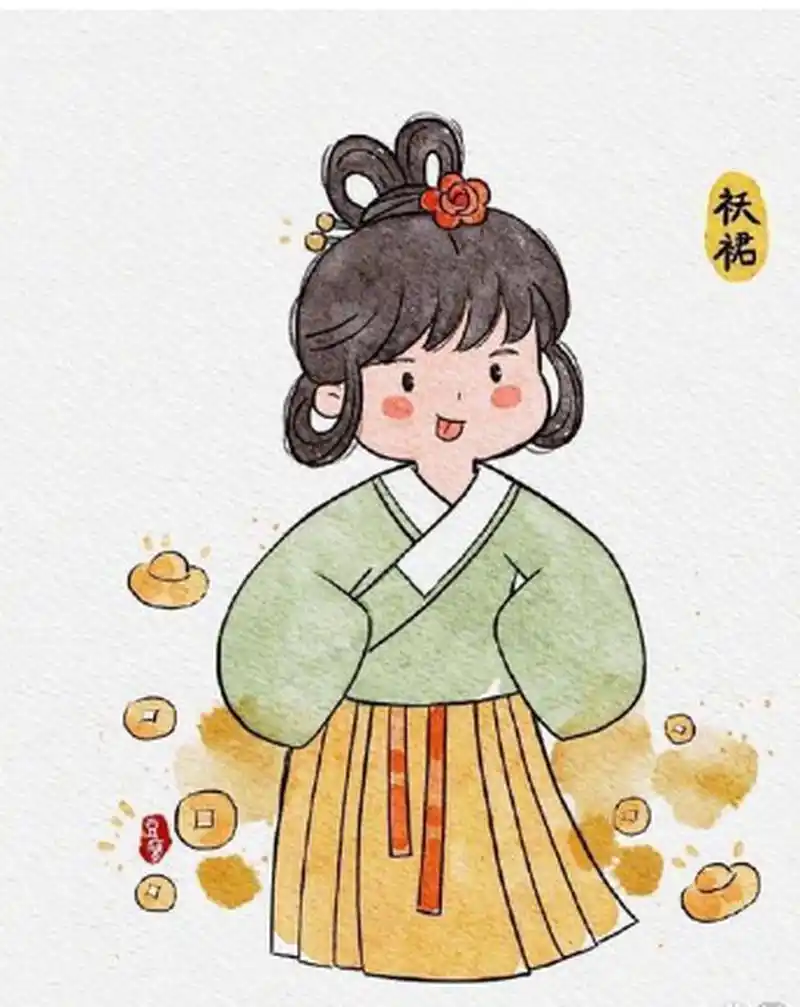 手绘版的汉服少女太萌了,直裾少女是眯眯眼,袄裙少女在吐舌头