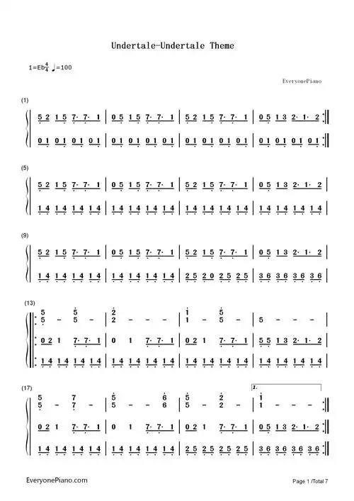 undertale theme双手简谱预览1-钢琴谱文件(五线谱,双手简谱,数字谱