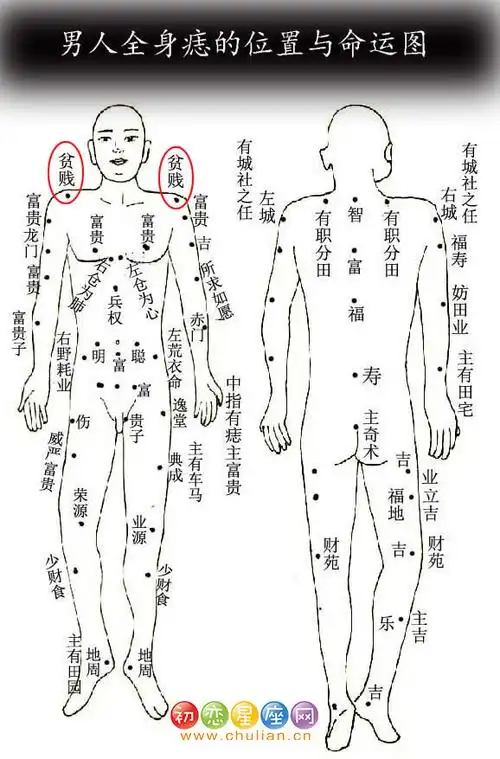 男人全身痣的位置与命运图1,贫贱痣2,龙门痣3,狼心狗肺痣4,吉痣5,兵权