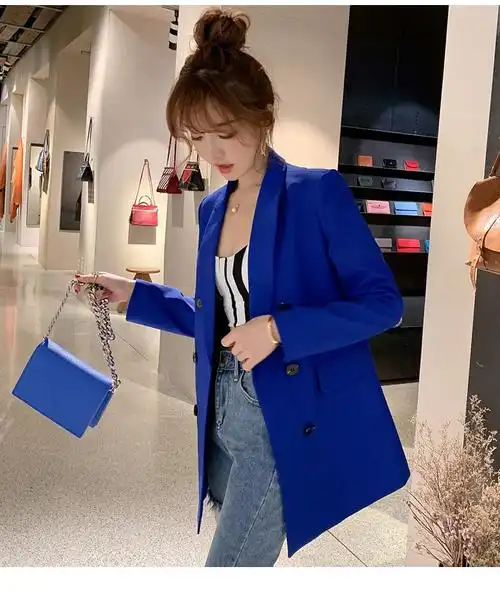 2020新款春夏韩版女装中长款西装女修身小西装外套女士西服 宝蓝色 m