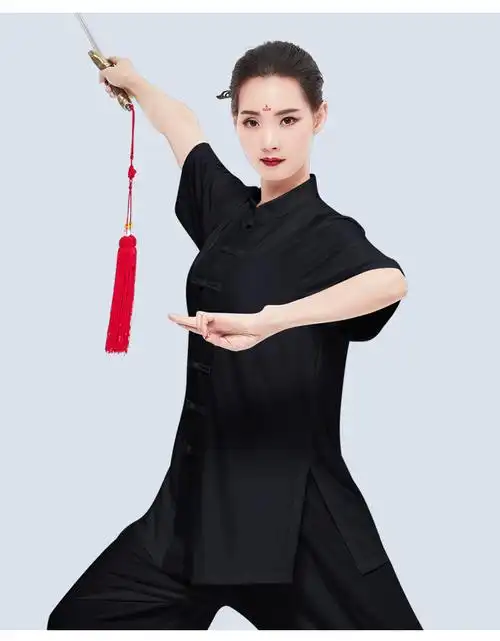 武极堂新款太极服女装春秋牛奶丝短袖武术表演服装夏季太极拳练功服