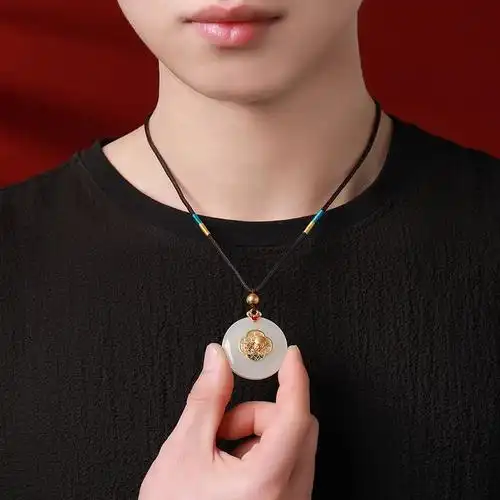 印象眸古法传承系列足金镶和田玉吊坠黄金福字珐琅工艺羊脂白玉平安扣