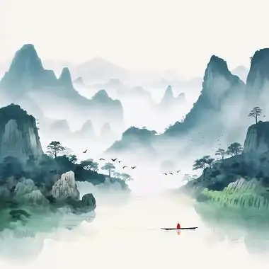 古风水彩水墨山水画中国风风景壁纸小船飞鸟古典山水画祥云国潮山水