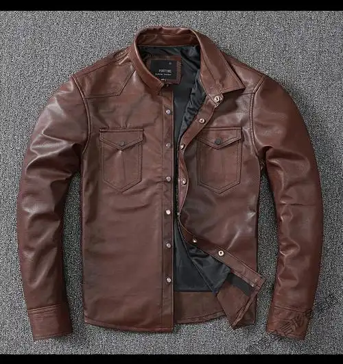 富贵鸟意大利绵羊皮真皮皮衣男衬衣修身型短款衬衫皮夹克外套巧克力色