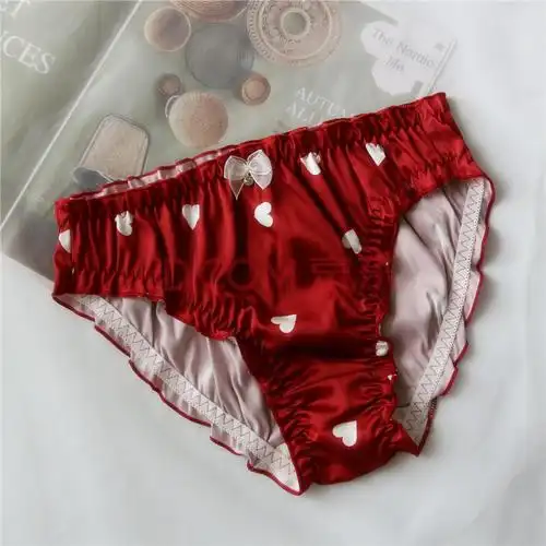爱心印花少女内裤可爱软妹中腰木耳花边包臀牛奶丝三角裤 红色 m