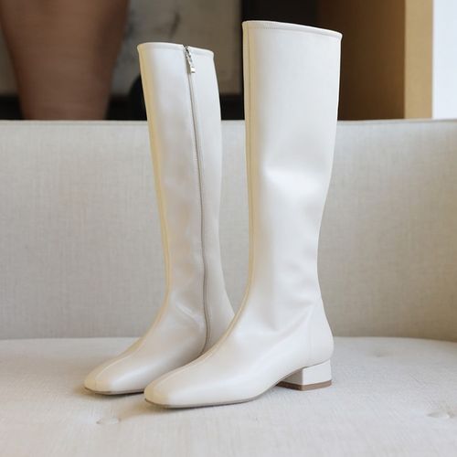 白色靴高筒瘦直筒靴显过膝跟不方头平鞋匠国米韩国米弹力靴