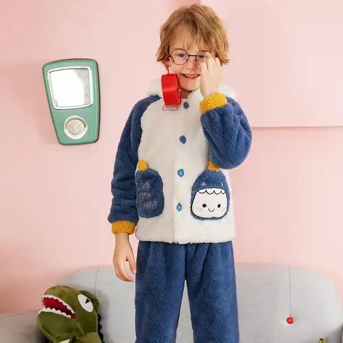 芬腾儿童睡衣秋冬季男童加厚珊瑚绒连帽开衫卡通法兰绒男孩家居服