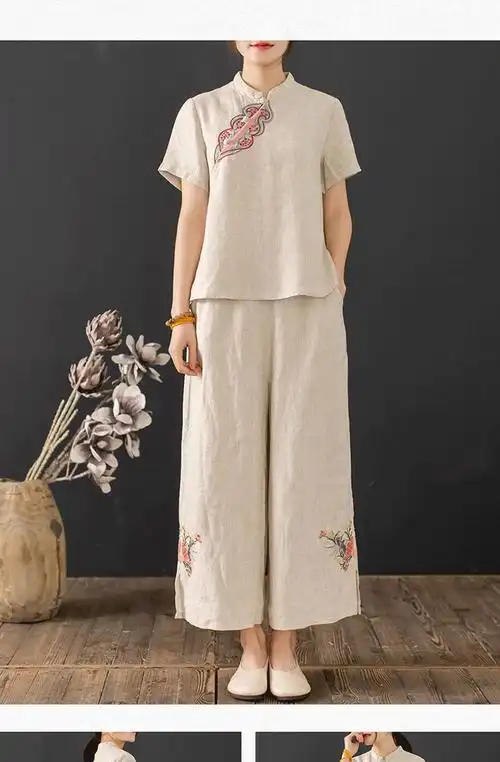 太极服女夏装宽松中国民族风刺绣太极服棉麻亚麻两件套粉上衣单上衣l