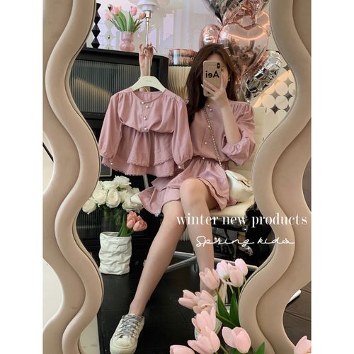 spring韩国童装亲子2022秋冬季新品冰粉色珍珠扣裙裤套装