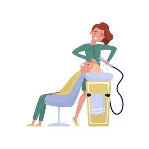 理发师洗头发为她的客户在美容沙龙矢量插图白色背景照片