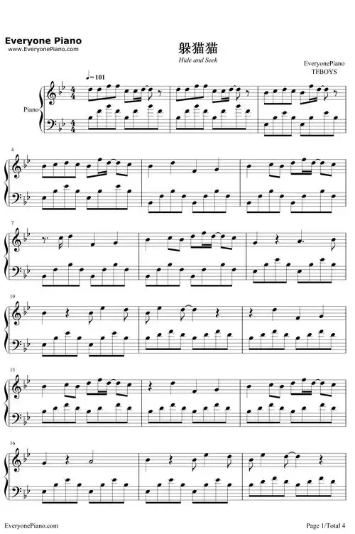 躲猫猫钢琴谱 _tfboys-明明简谱网