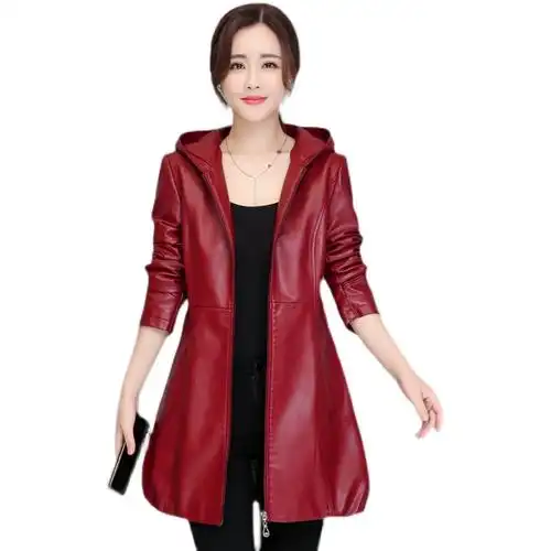 真皮皮衣女中长款 皮外套 连帽皮夹克韩版 春秋季 - 女装/女士精品