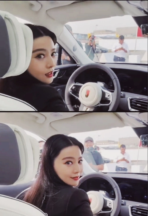 范冰冰亮相车展欲成功复出,着黑色西装搭配中分长发,霸气十足