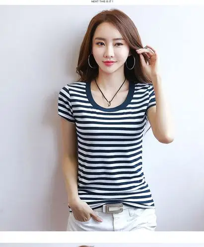 2019新款半袖打底体恤小衫女上衣韩范夏装条纹百搭圆领短袖t恤女_gogo
