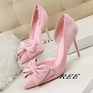 高跟单鞋女粉色春夏细跟绒面尖头侧空大红色白色蝴蝶结甜美系婚鞋