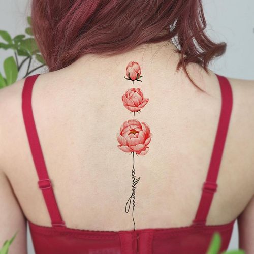 长条手绘粉红牡丹纹身贴防水女持久性感后背脊椎锁骨花朵遮疤贴纸