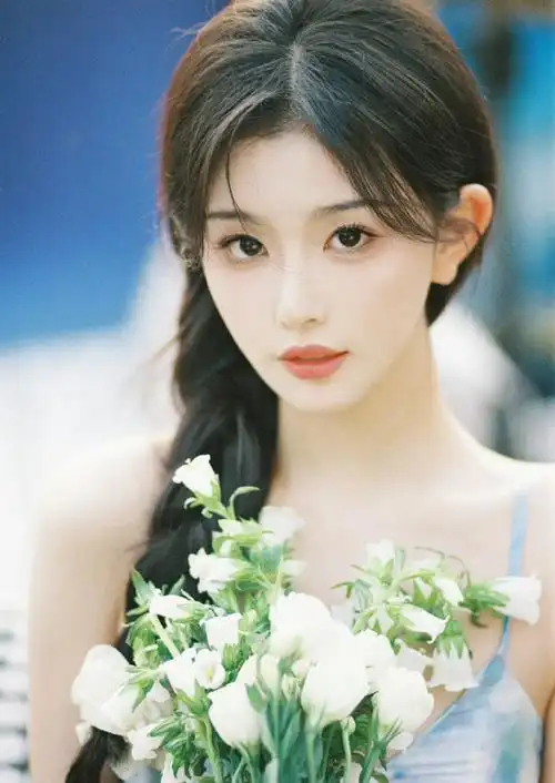 孔雪儿520营业照,白色吊带长裙 侧编麻花辫,好美好元气