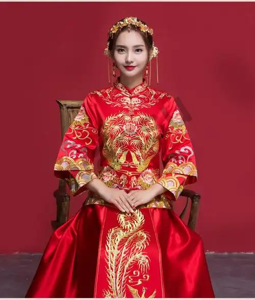 晚苏秀禾服新娘结婚中式嫁衣敬酒服龙凤褂古装新娘出阁秀和服长袖款s