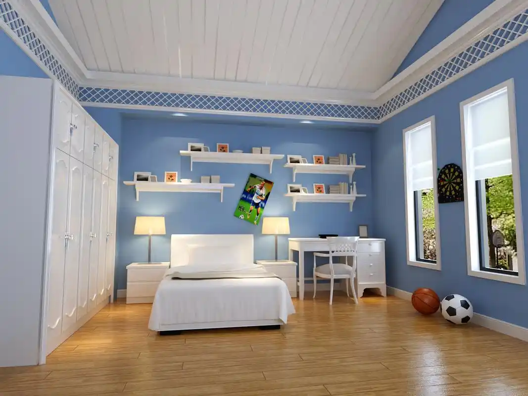 孩子为12岁的男孩,也比较喜欢蓝色,因此整体儿童房均采用蓝色为基调.