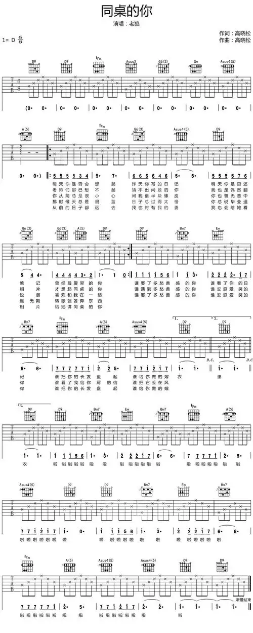 老狼同桌的你吉他谱d调和弦指法悠音吉他课堂视频演示及教学新入简易