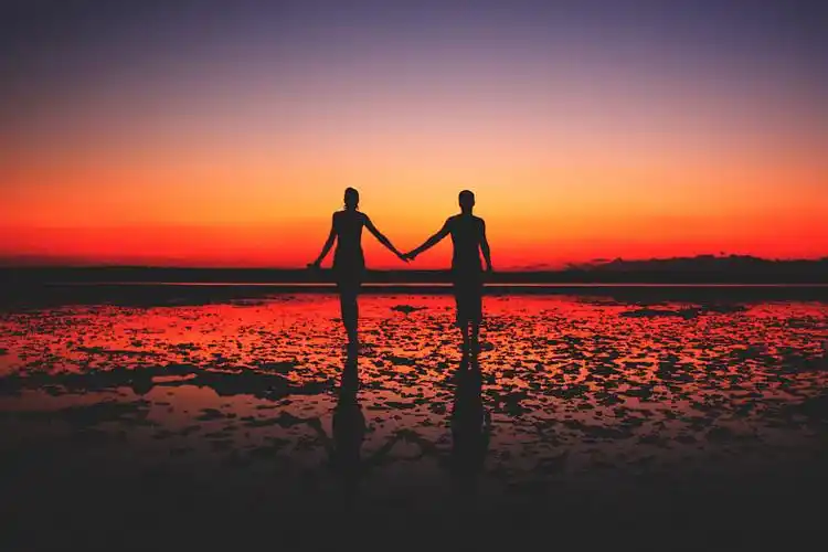 情侣,相爱,握手,日落,剪影,年轻,海边,两个人,走,海滩_高清图片_全景