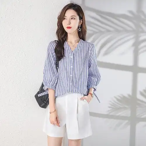 清新条纹衬衫女2022年夏季新款气质宽松韩版简约女神范上衣,女装衬衫