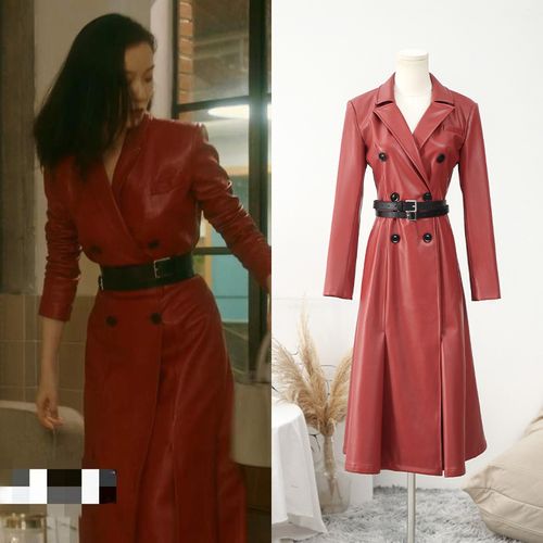 [现货]倪妮朱锁锁同款酒红色修身连衣裙时尚轻奢西装领过膝长裙子