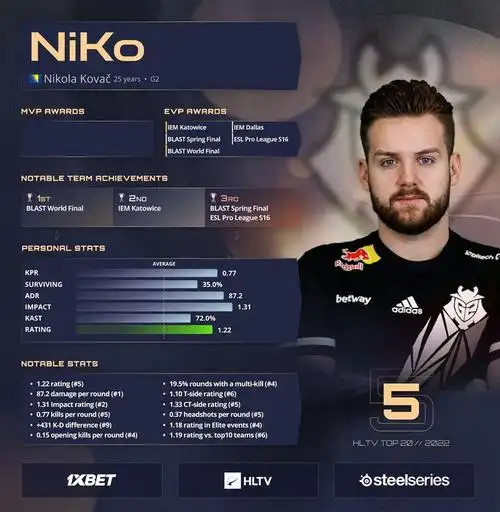hltv2022年度csgo最佳选手第五名niko