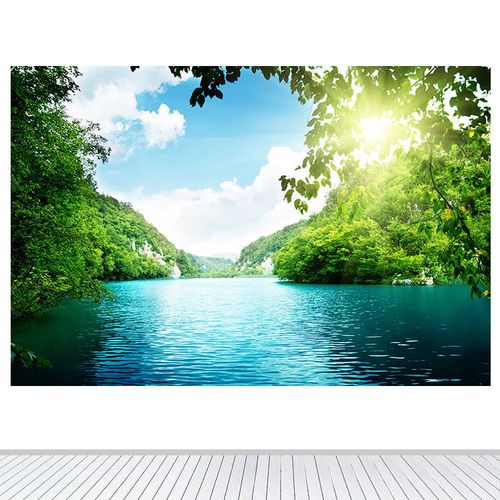 湖泊青山绿水树木森林蓝天白云山水风景装饰画客厅书房墙壁贴画