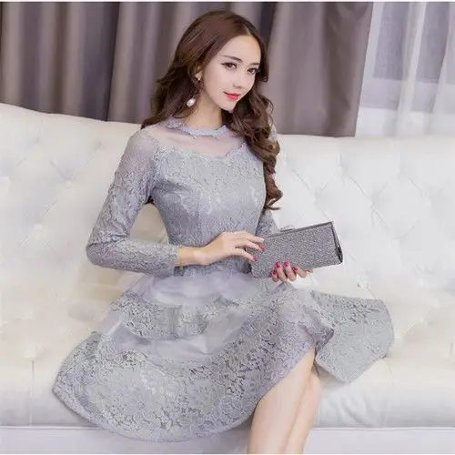 春秋新款女装中裙蕾丝连衣裙长袖韩版修身显瘦网纱透视a字打底裙