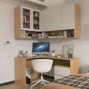 定制转角书桌书柜一体卧室写字桌台式电脑桌多功能上墙吊柜靠墙柜