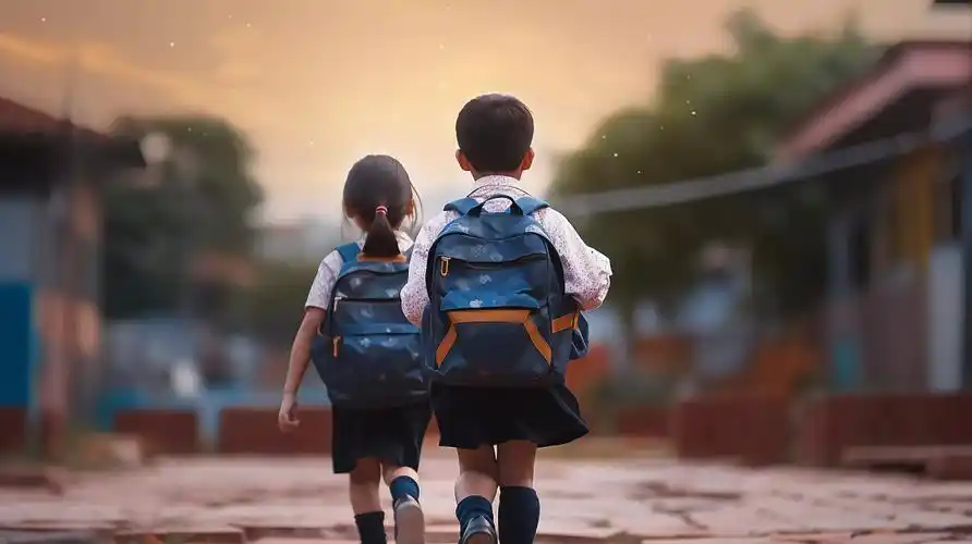 背着书包上学的小学生孩子背影学校校园开学季教育学生学习成长