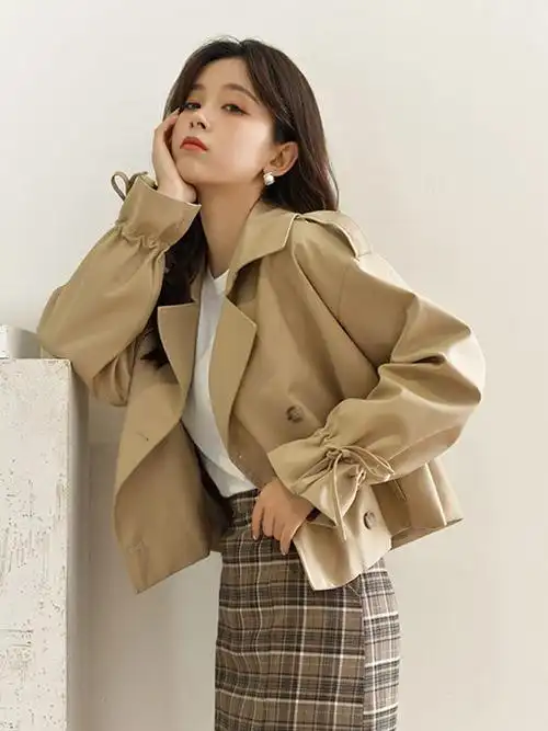 宽松韩版短款风衣女春秋新款英伦风袖口抽绳设计感小个子穿搭外套