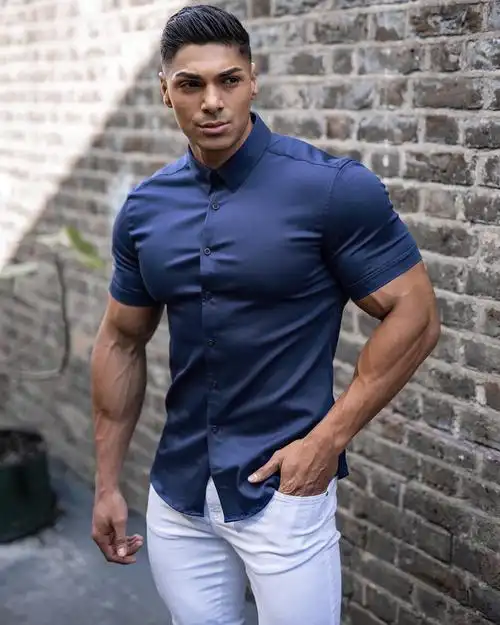 衬衫肌肉高弹力透气弹力衬衣修身男士短袖白色衬衫