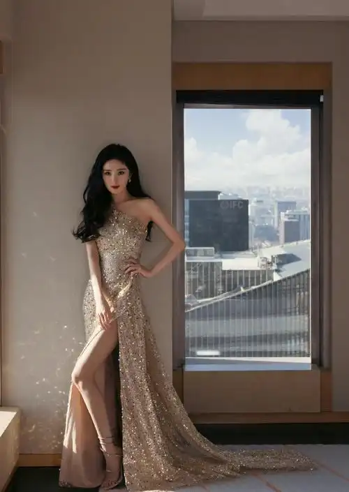 杨幂鎏金长裙造型#杨幂好适合布灵布灵的造型,一袭鎏金礼服裙造型