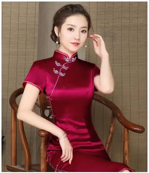 【转载】酒红紫色绿色缎面中长款旗袍