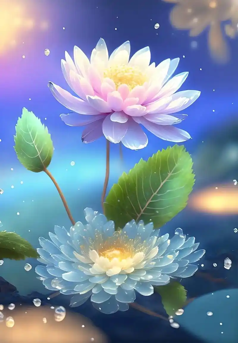 一朵柔和的蓝色莲花,一朵柔和的蓝色莲花,叶上有雨水落下花瓣清 - 抖