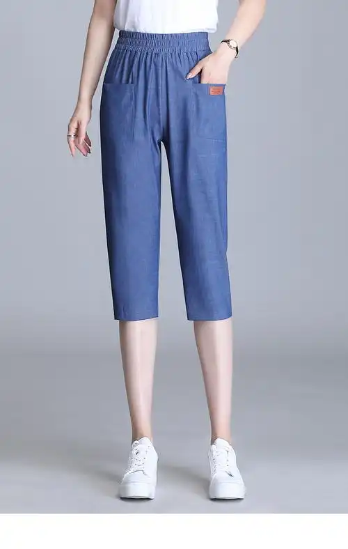 女士牛仔裤短裤七分裤韩版冰丝女夏薄款中年裤子天丝牛仔休闲裤夏天