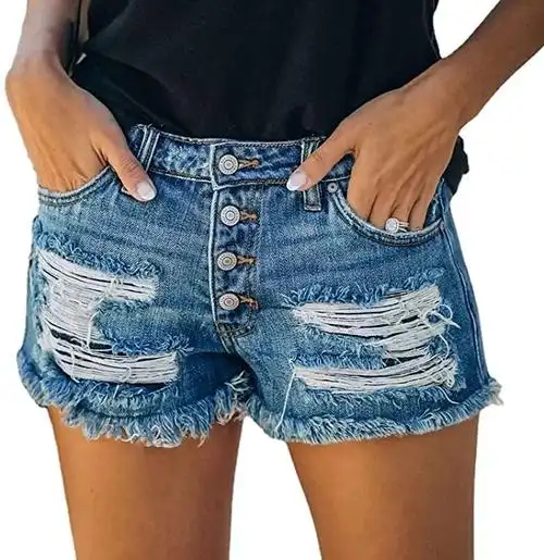 ddshijia 女式夏季休闲牛仔短裤磨损毛边破洞短裤牛仔裤