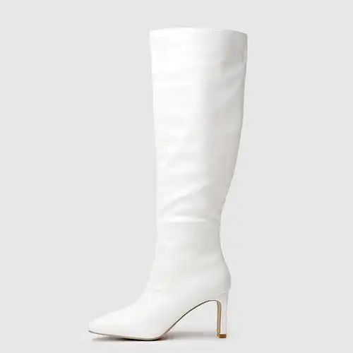 2022外贸大码原单白色高筒靴高跟方头皮面及膝时装靴