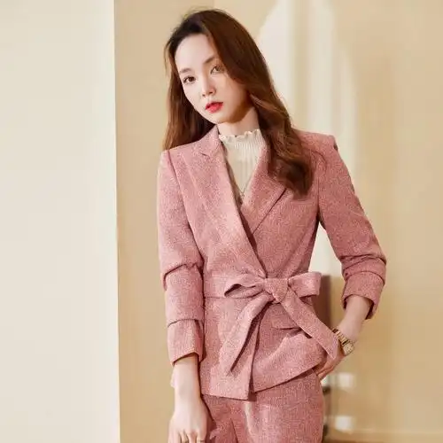 女先生女士套装粉色减龄西装外套女春秋季气质女神范设计感职业装炸街