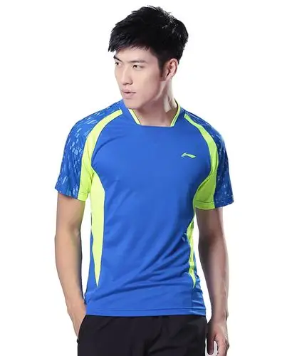 时尚拼色 男款夏比赛速干上衣运动服短袖t恤羽毛球衣李宁