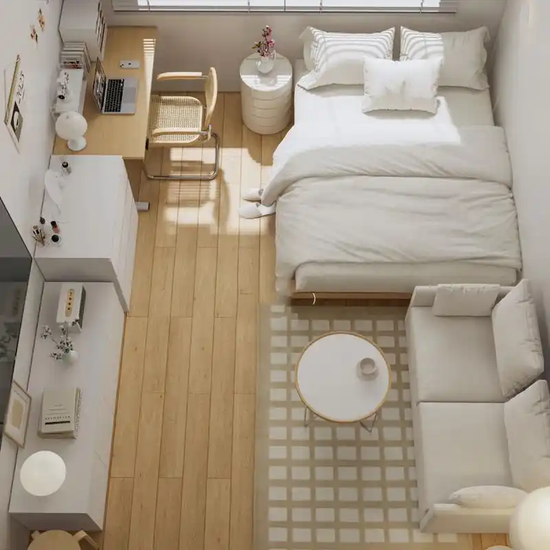 长方形卧室布局参考,奶油原木风