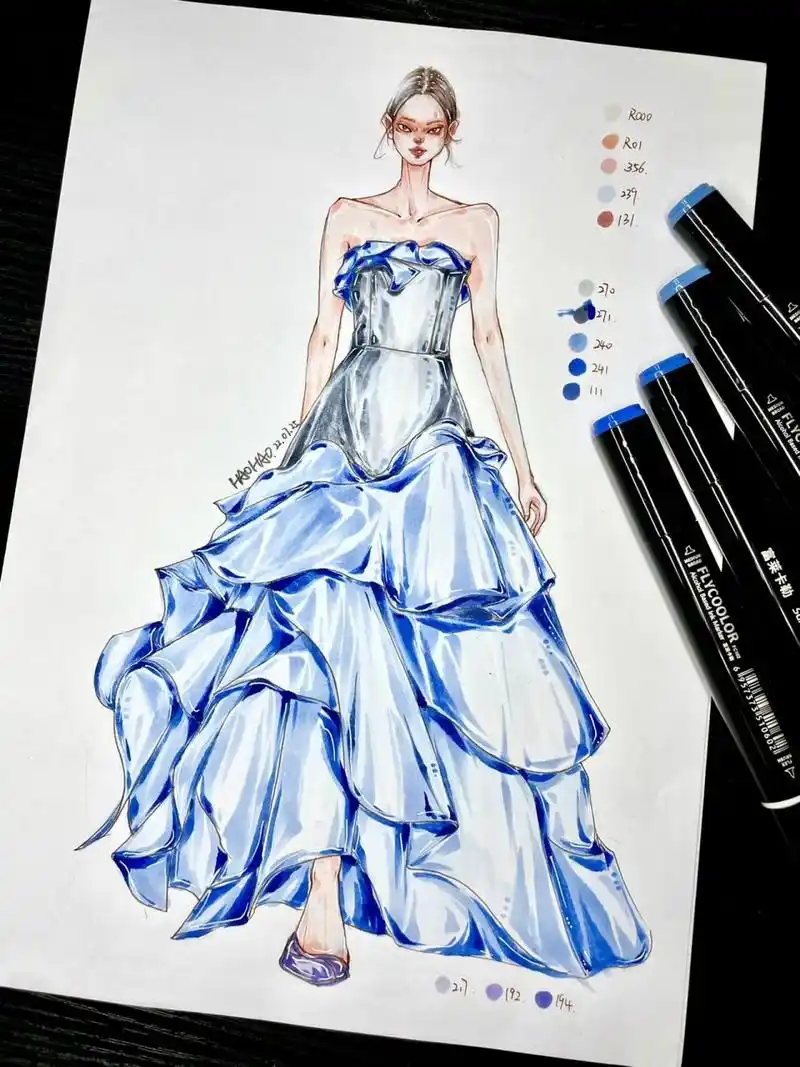 服装设计手绘|礼服过程图 工具:富莱卡勒软头马克笔