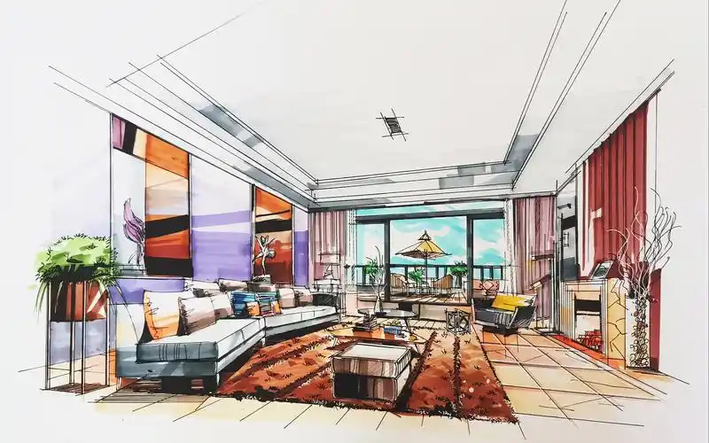 室内手绘12两分钟呆你看完室内效果图上色过程起居室手绘马克笔效果图