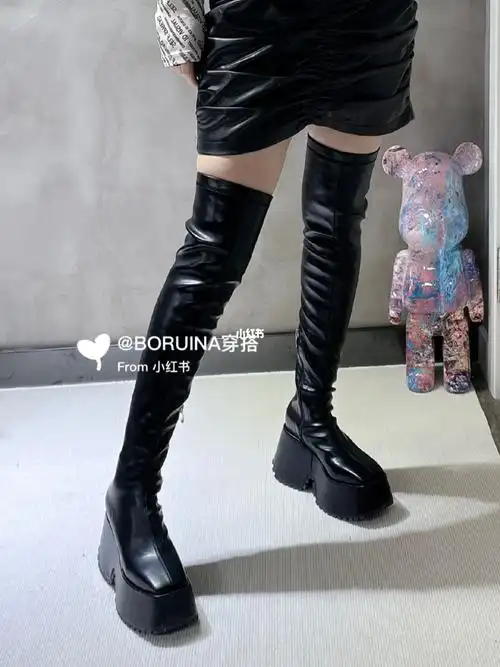 boruina厚底过膝高筒弹力靴辣妹必备