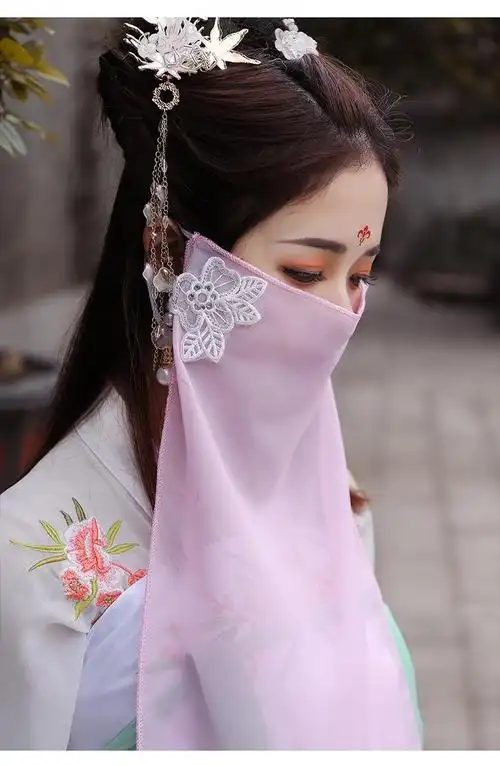 汉服面纱汉服配饰新款古装电视剧白面纱仙女侠女公主遮面纱古风粉红色