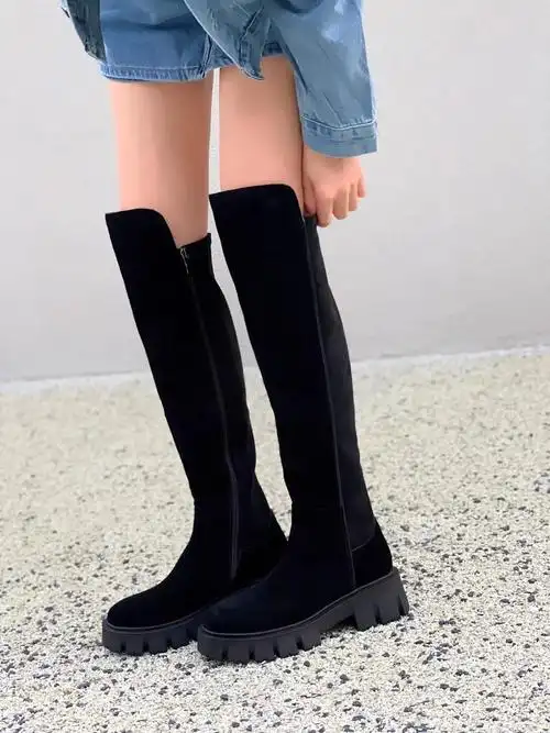 卡娜安蒂品牌女鞋  2301-16黑羊猄配弹力绒,过膝高靴 - 抖音