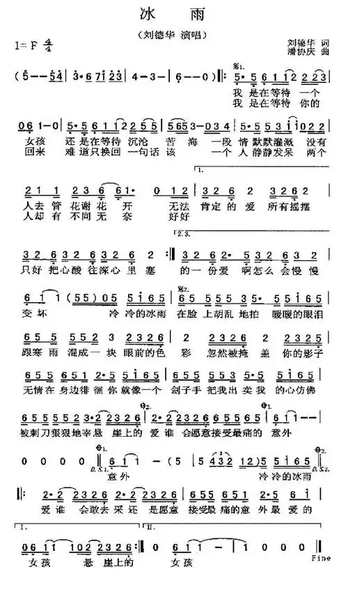 冰雨简谱 刘德华演唱简谱歌词
